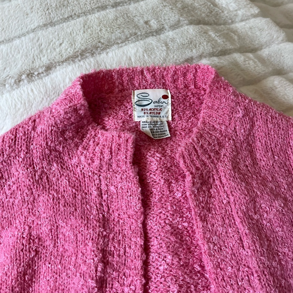 VTG Serbin L Teddy Fuzzy Open Work Office Bubblegum Pink Spring Winter Cardigan